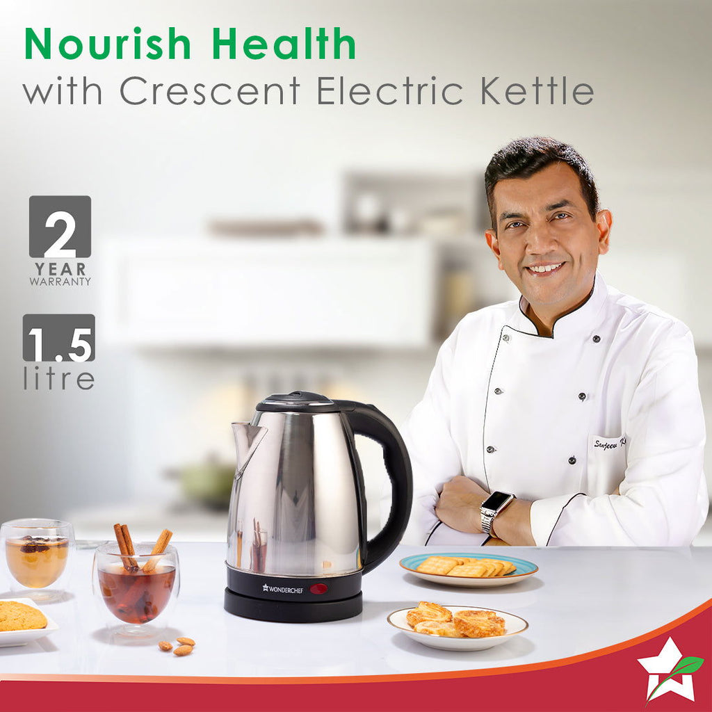 Wonderchef Renewed Crescent Electric Kettle | Stainless Steel Interior | Safety Locking Lid | 1.8L | 1800W