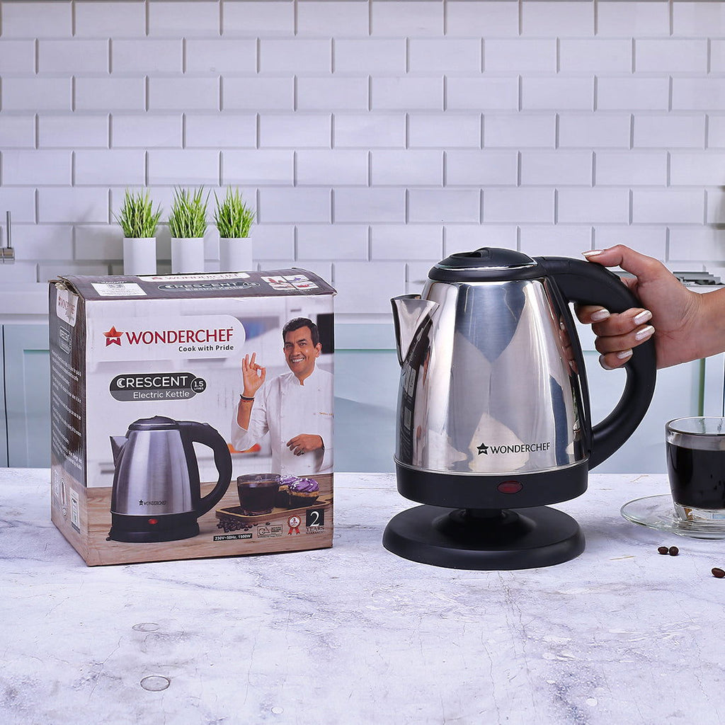 Wonderchef Renewed Crescent Electric Kettle | Stainless Steel | 1.5 Litres | Safety Locking Lid