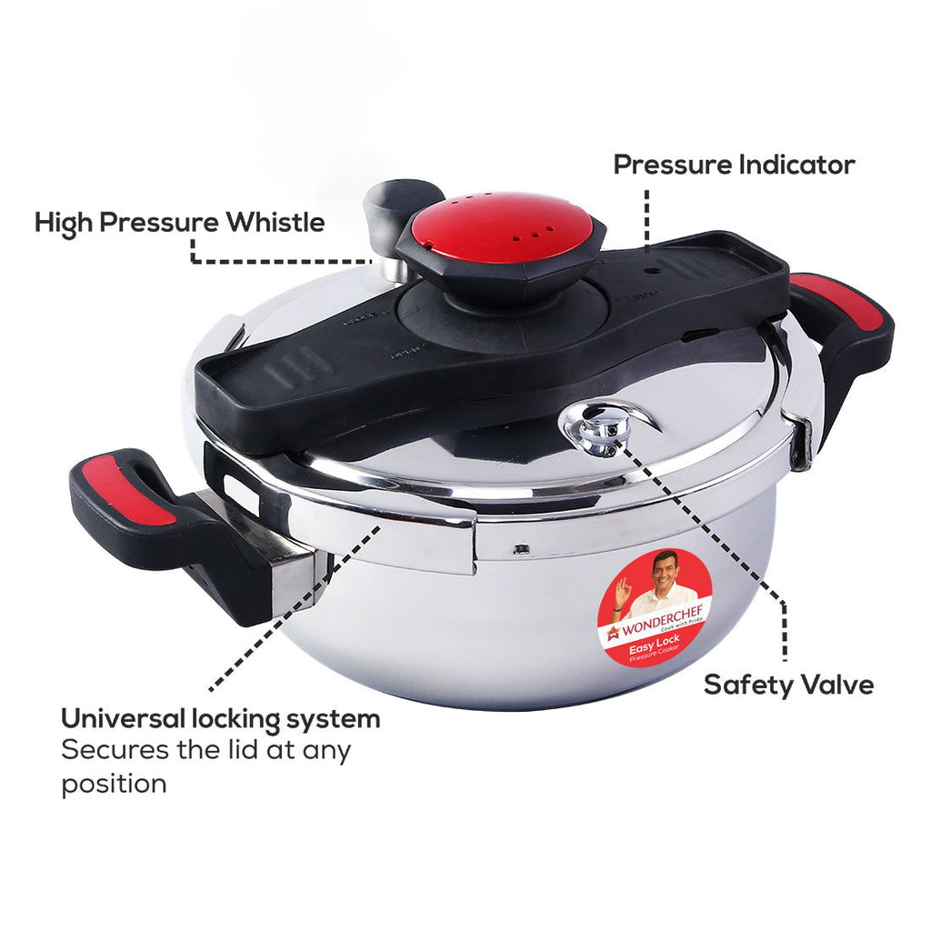 Wonderchef Renewed Easy Lock Stainless Steel 3L Outer Lid Pressure Cooker | Induction Compatible | Tri-Ply Bottom