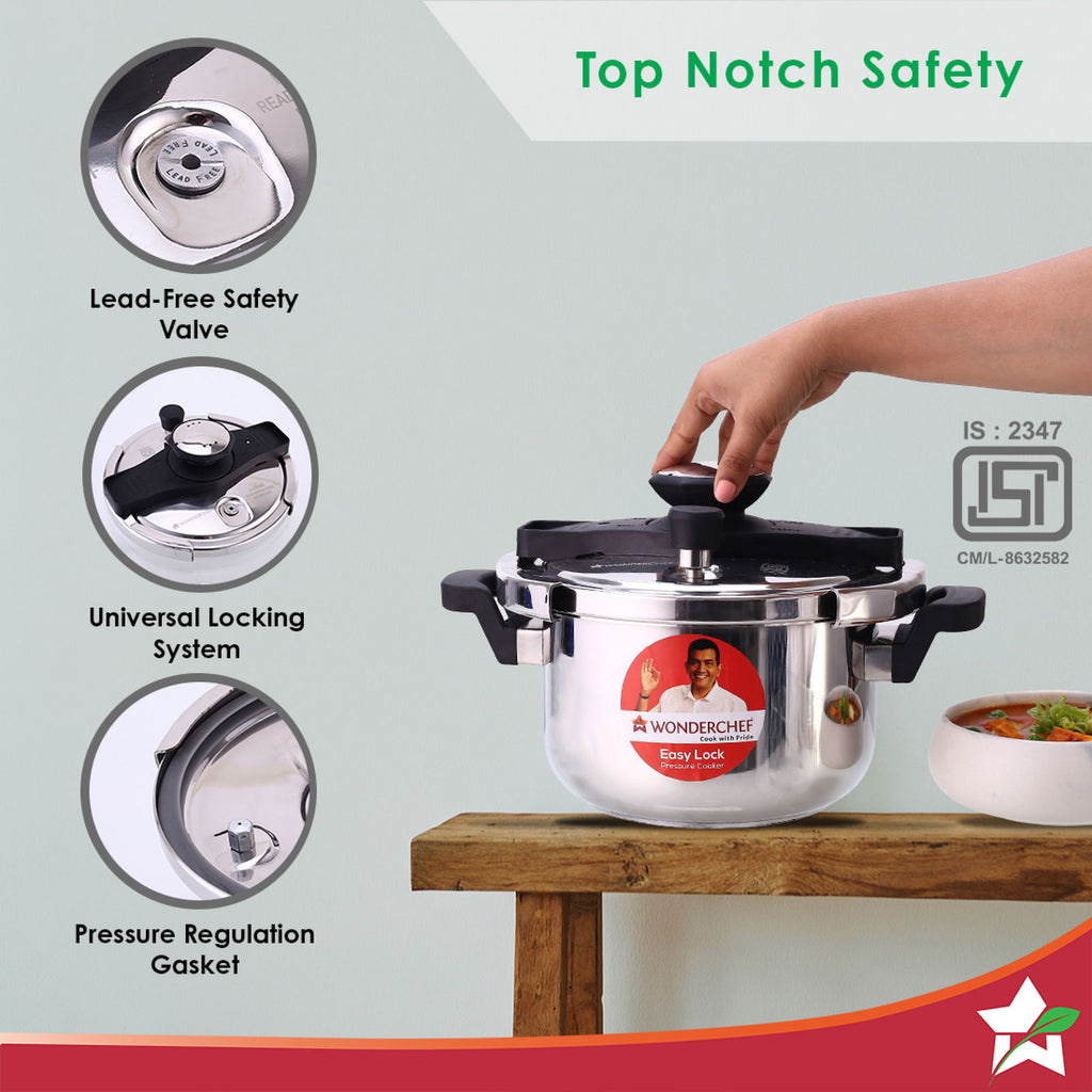 Wonderchef Renewed Easy Lock Stainless Steel 5L Outer Lid Pressure Cooker | Induction Compatible | Tri-Ply Bottom