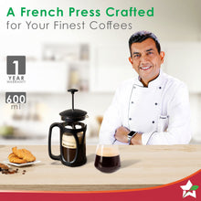 Load image into Gallery viewer, Wonderchef Renewed French Press Coffee &amp; Tea Maker 600 ml | Premium Heat Resistant Borosilicate Glass Carafe in SS Housing | 4 Level Filtration System | SS Plunger with Mesh |  3-4 Cups of Coffee | Brews in Just 3 Minutes | Black | 1 Year Warranty