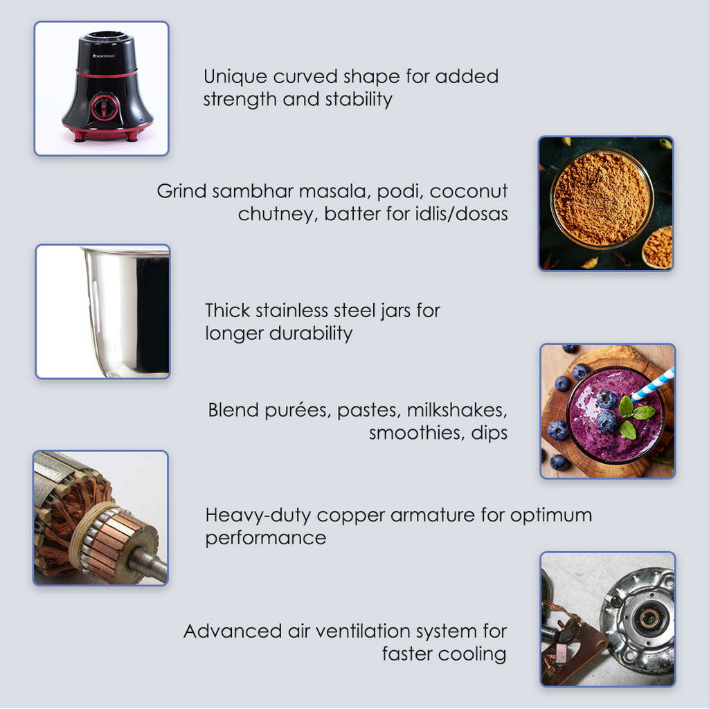 Wonderchef Renewed Glory Mixer Grinder | 750W | 4 Stainless Steel Jars and Anti-rust Stainless Steel Blades | Ergonomic Handles