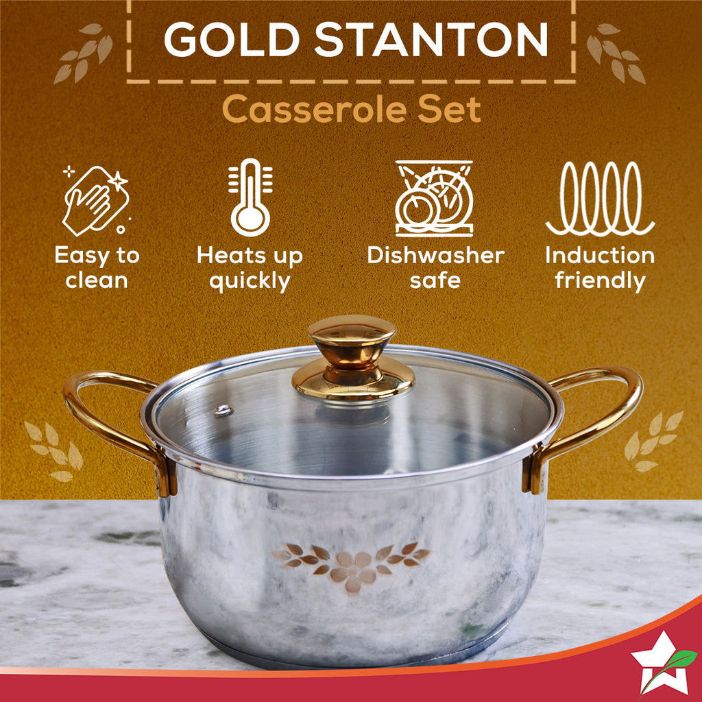 Wonderchef Renewed Gold Stanton Stainless Steel 3 piece Casserole Set with Glass Lid | Golden knobs and handles | Induction & Gas Stove friendly | Set of 3 (1.6L, 2.3L, 3.1L) | 1 Year Warranty