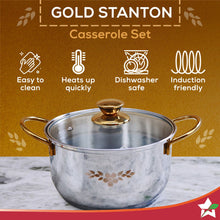 Load image into Gallery viewer, Wonderchef Renewed Gold Stanton Stainless Steel 3 piece Casserole Set with Glass Lid | Golden knobs and handles | Induction &amp; Gas Stove friendly | Set of 3 (1.6L, 2.3L, 3.1L) | 1 Year Warranty