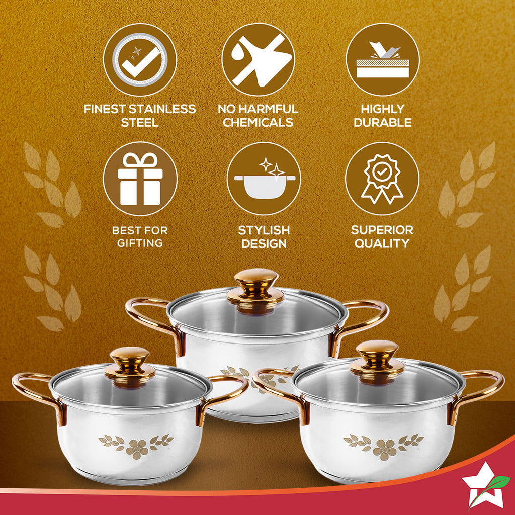 Wonderchef Renewed Gold Stanton Stainless Steel 3 piece Casserole Set with Glass Lid | Golden knobs and handles | Induction & Gas Stove friendly | Set of 3 (1.6L, 2.3L, 3.1L) | 1 Year Warranty