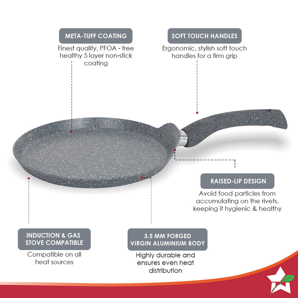 Wonderchef Renewed Granite 26cm Non-Stick Dosa Tawa | Induction Bottom | Soft-Touch Handles | Virgin Grade Aluminium | 3.5mm Thick | PFOA/Heavy Metals Free