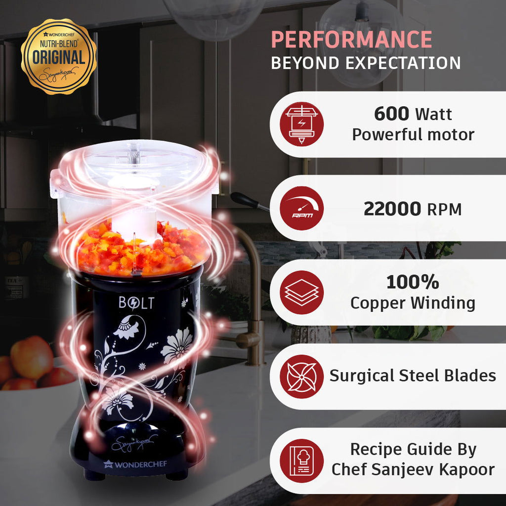 Wonderchef Renewed Nutri-blend BOLT | 600W | CKM Mixer with Chopper | 4 Unbreakable Jars | Includes Sipper Lid | 22000 RPM | 100% Full Copper Motor