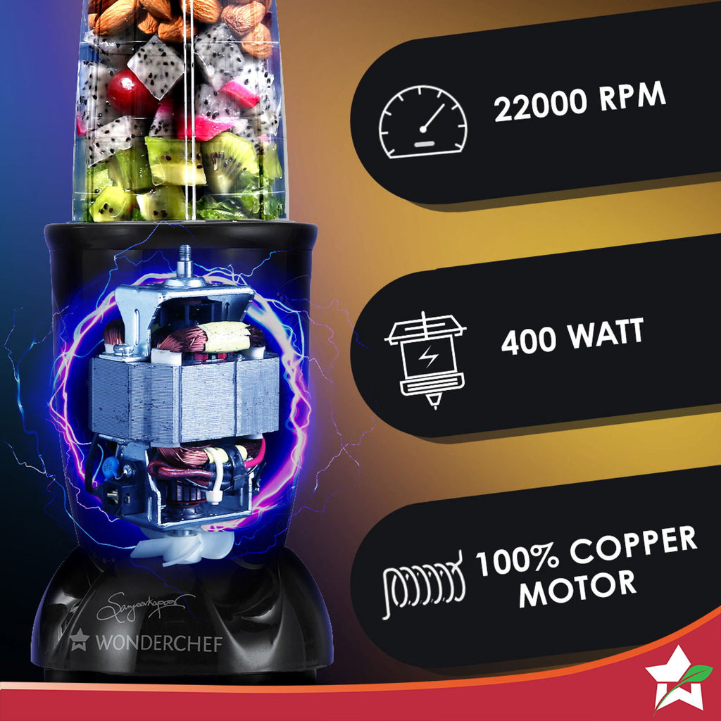 Wonderchef Renewed Nutri-blend Juicer, Mixer, Grinder, Smoothie Maker & Chopper CKM | 22000 RPM Blender, Chopper, Juicer | 400W | 100% Full Copper Motor | SS Blades | 4 Unbreakable Jars