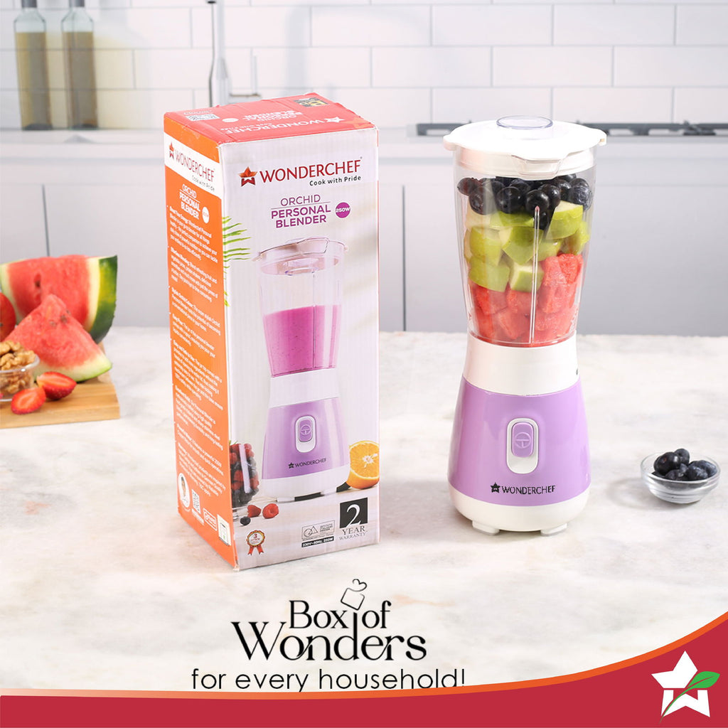 Wonderchef Renewed Orchid Personal Blender, 250W Copper Motor, 600ml Transparent Jar, Stainless Steel Blades for Perfect Blending, Hassle Free Blending of Fruits & Vegetable Juices, Protein Shakes, Smoothies