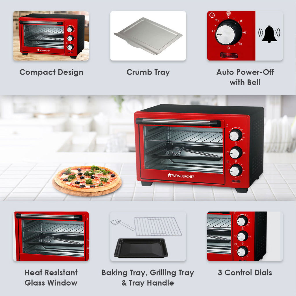 Wonderchef Renewed Oven Toaster Griller (OTG) Crimson Edge - 19 Litres | Auto-shut Off | Heat-resistant Tempered Glass | Multi-stage Heat Selection | 1280W | Red