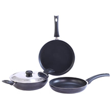 Load image into Gallery viewer, Wonderchef Renewed Platinum Plus Non-Stick Cookware Set of 4 | Kadhai with Glass Lid 24cm, Fry Pan 24cm &amp; Dosa Tawa 25cm | Cool-Touch Bakelite Handle | Pure Grade Aluminium | PFOA Free | 1 Year Warranty | Black