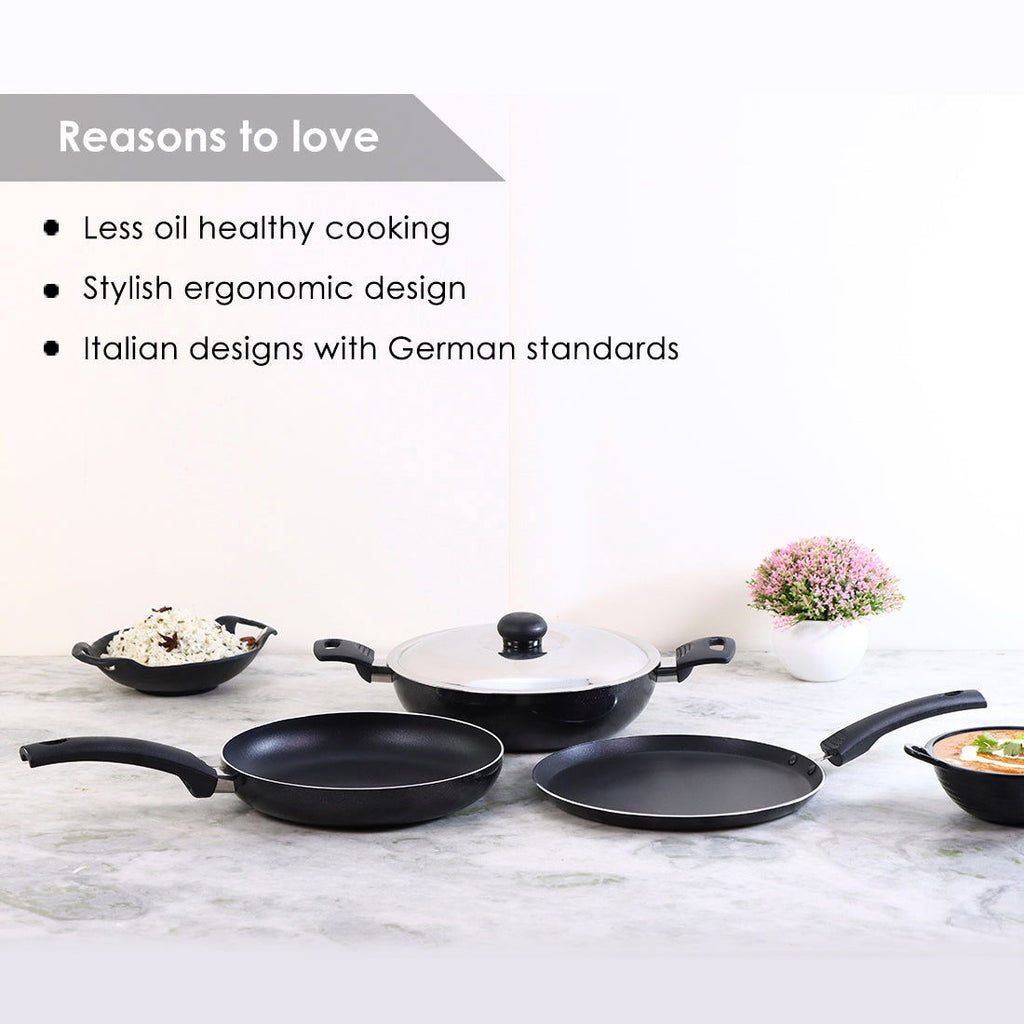 Wonderchef Renewed Platinum Plus Non-Stick Cookware Set of 4 | Kadhai with Glass Lid 24cm, Fry Pan 24cm & Dosa Tawa 25cm | Cool-Touch Bakelite Handle | Pure Grade Aluminium | PFOA Free | 1 Year Warranty | Black