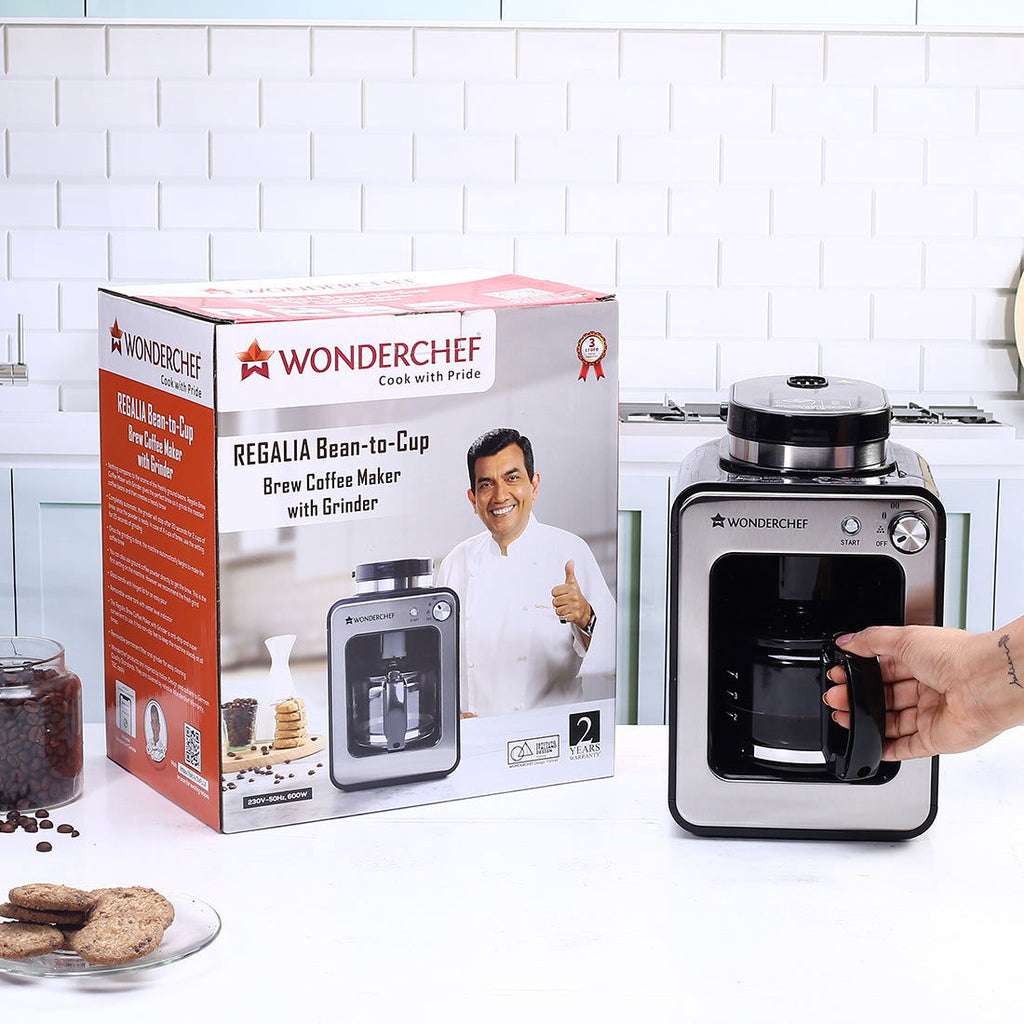 Wonderchef Renewed Regalia Bean-to-Cup Brew Coffee Maker with Grinder |Brews 4 cups | Glass Carafe | Easy Control Dial | Steel | 1 Year Warranty