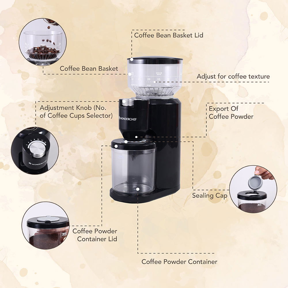 Wonderchef Renewed Regalia Electric Coffee Grinder | Burr Grinder with 31 Grinding Settings | Set Variable Coffee Grind Texture | Grind Beans for Espresso, Americano, Brew and more | 1 Year Warranty