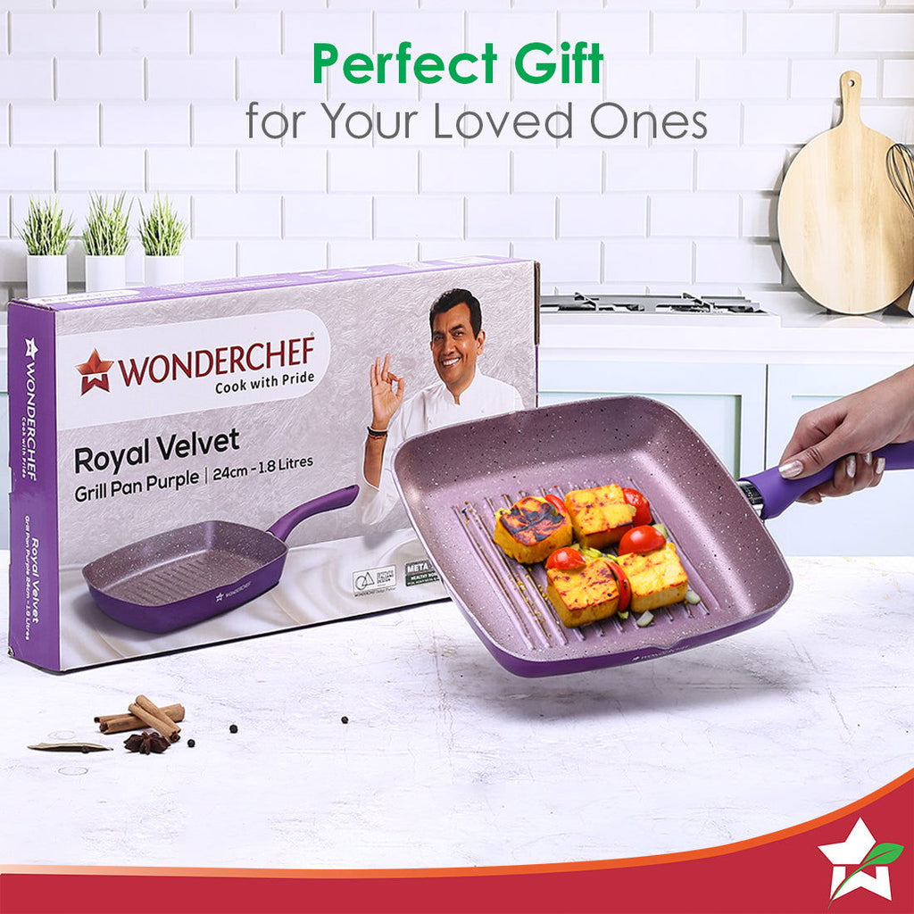 Wonderchef Renewed Royal Velvet 24cm Grill Pan | Soft-touch handles |Non-Toxic I Virgin Grade Aluminium| 3mm Thick