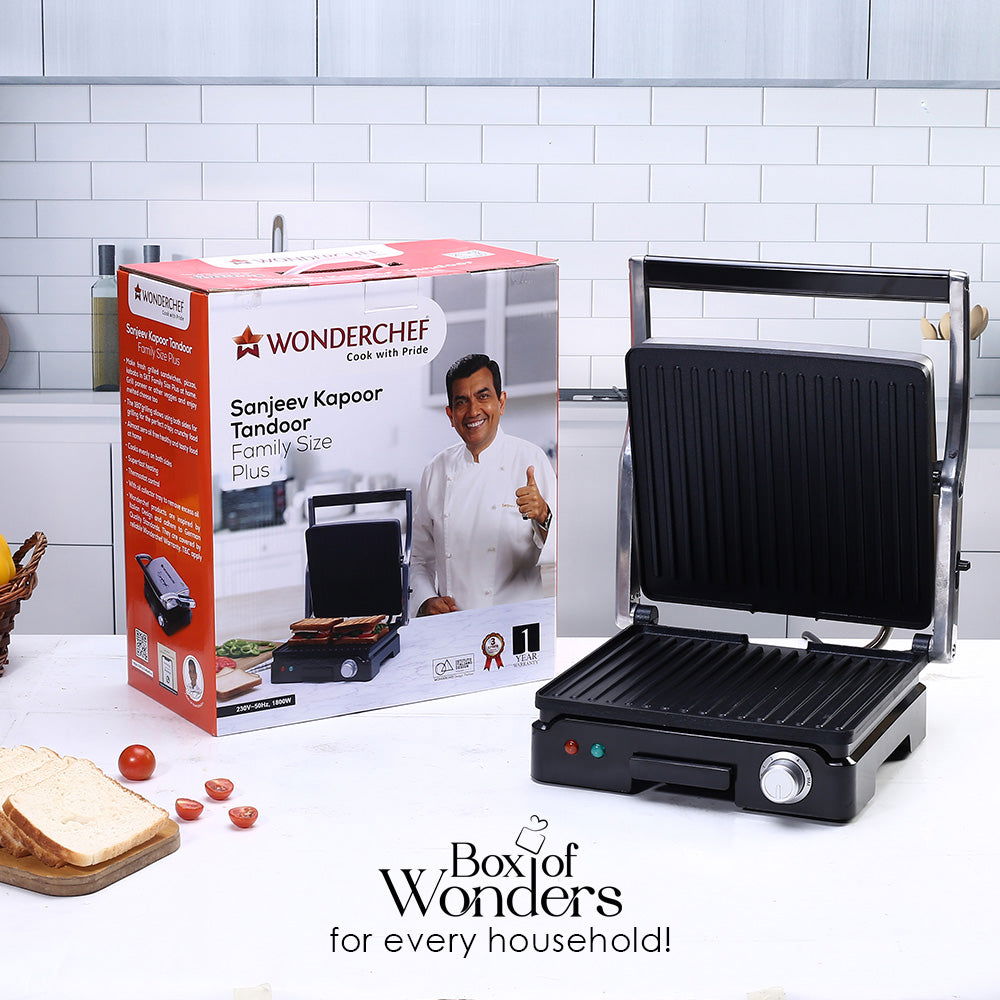 Wonderchef Renewed Sanjeev Kapoor Tandoor Family Size Plus| Electric Contact Grill & Sandwich Maker| 1800 Watt| Non-stick Grooves Healthy cooking | Super fast heating | 1 Year Warranty| Black & Silver