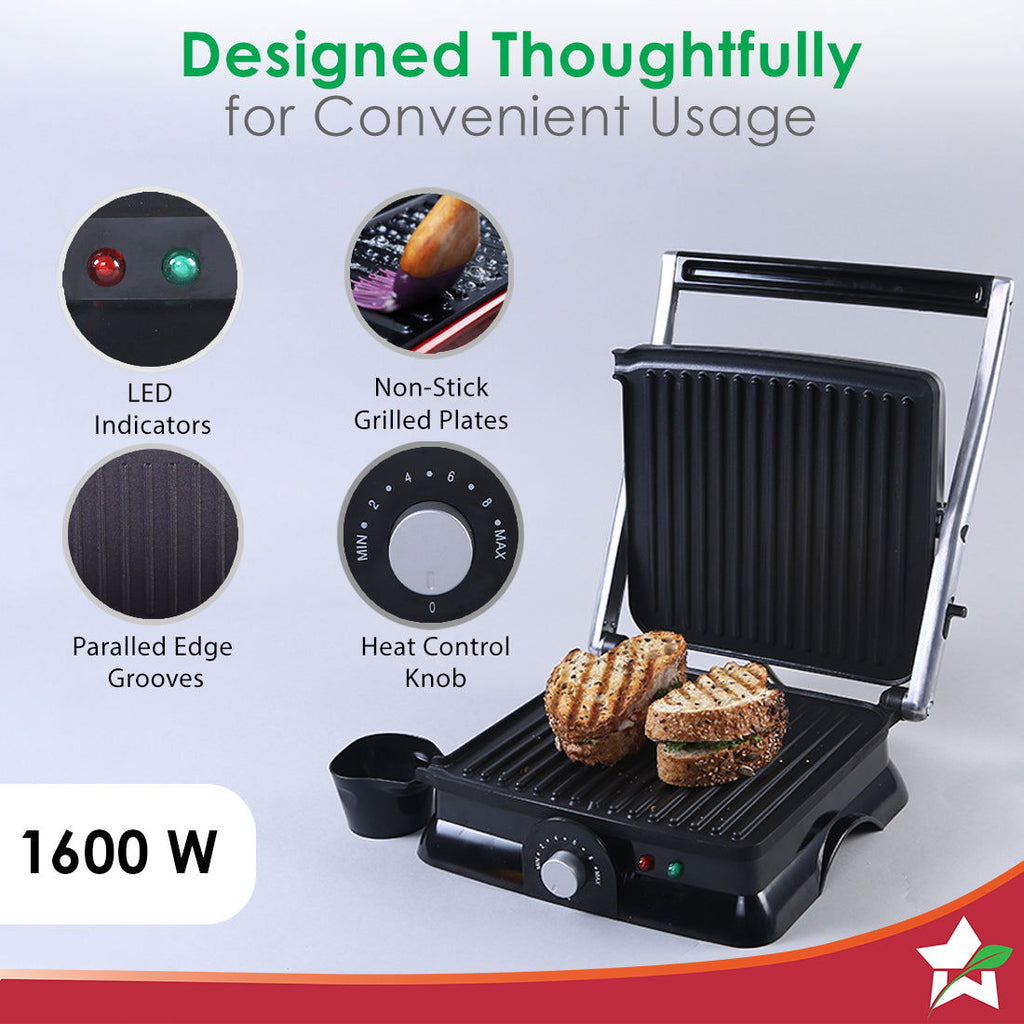 Wonderchef Renewed Sanjeev Kapoor Tandoor Family Size | Electric Contact Grill & Sandwich Maker | 3-in-1 Appliance | 1600 Watt | 180 Degree Grilling | Cool Touch Handle | Auto Shut Off | Black & Silver