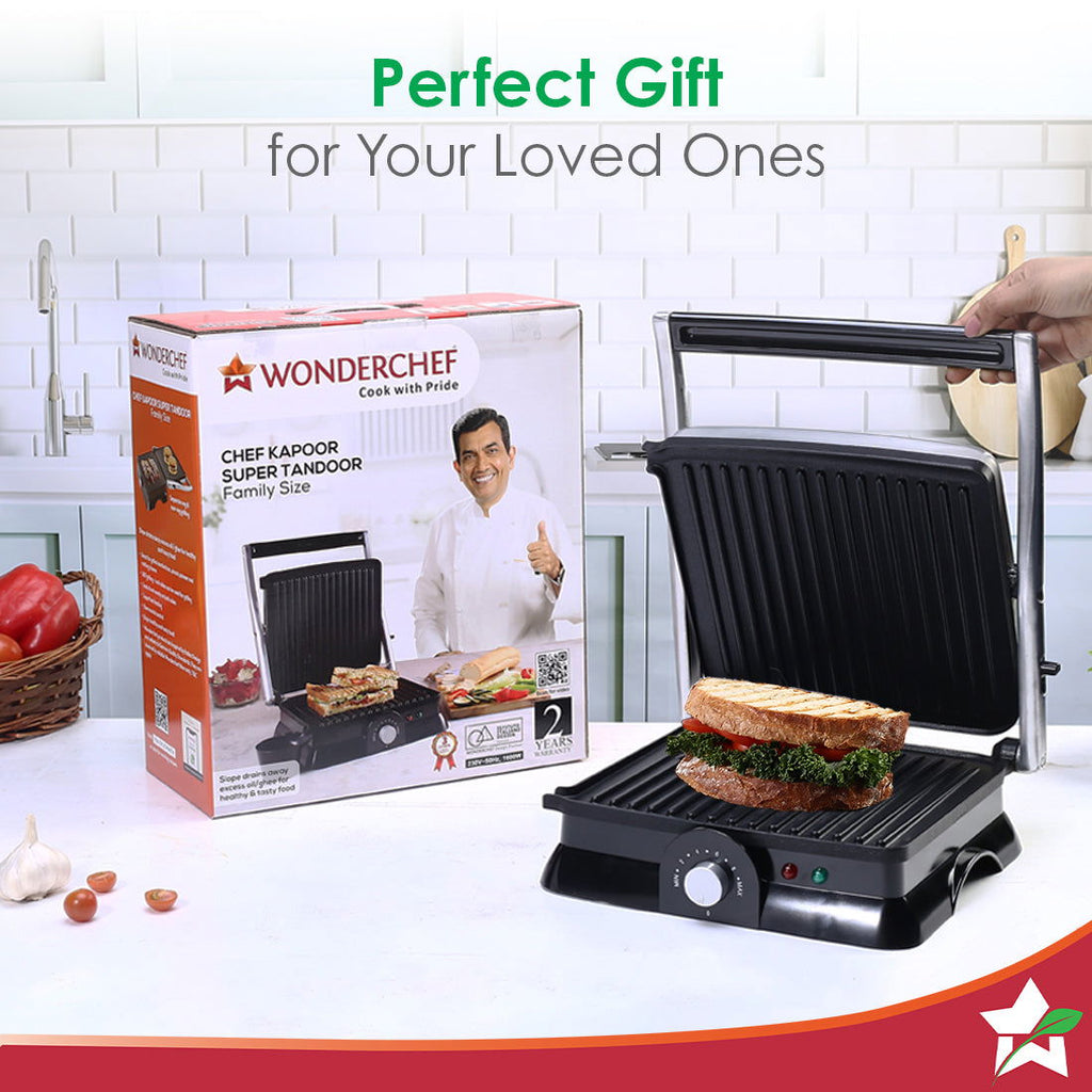 Wonderchef Renewed Sanjeev Kapoor Tandoor Family Size | Electric Contact Grill & Sandwich Maker | 3-in-1 Appliance | 1600 Watt | 180 Degree Grilling | Cool Touch Handle | Auto Shut Off | Black & Silver