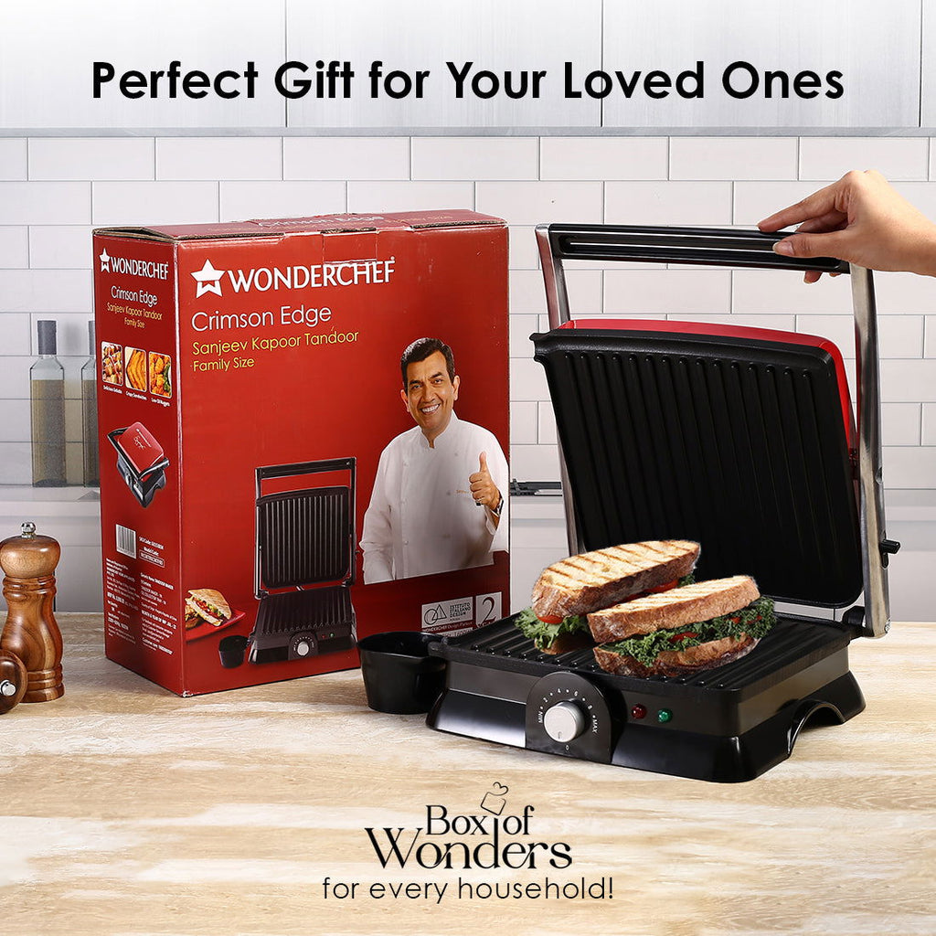 Wonderchef Renewed Sanjeev Kapoor Tandoor Family Size| Crimson Edge Electric Contact Grill & Sandwich Maker| Healthy Non-Stick Coating | LED Indicator| 1 Year Warranty| Red