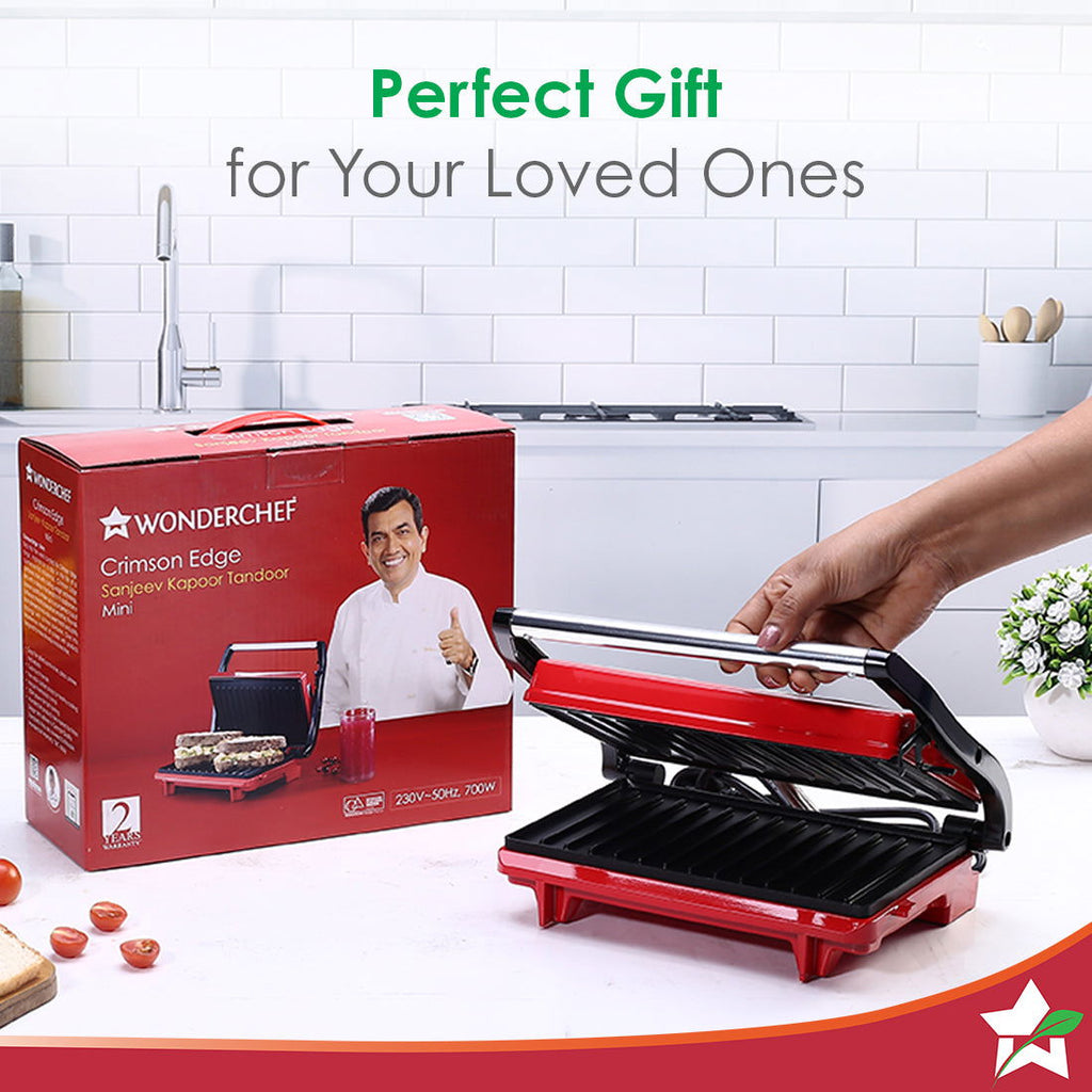 Wonderchef Renewed Sanjeev Kapoor Tandoor Mini| Crimson Edge Electric Contact Grill & Sandwich Maker| 3-in-1 Appliance| 700 Watt| Cool Touch Handle| LED Indicator| 1 Year Warranty| Red