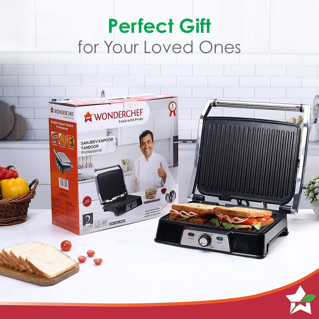 Wonderchef Renewed Sanjeev Kapoor Tandoor Professional | Electric Contact Grill & Sandwich Maker|3-in-1 Appliance | 2000 Watt | 180 Degree Grilling | Cool Touch Handle | LED Indicator | Black & Silver