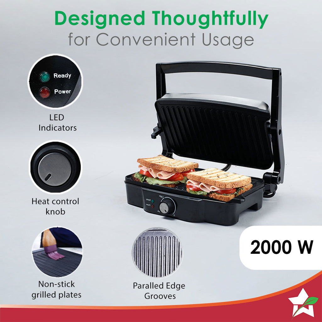 Wonderchef Renewed Sanjeev Kapoor Tandoor | Electric Contact Grill & Sandwich Maker | 3-in-1 Appliance | 1500 Watt | 180 Degree Grilling | Cool Touch Handle | Auto Shut Off | LED Indicator | Black & Silver