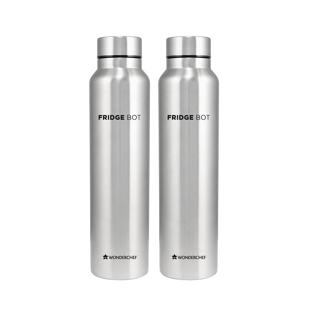 Wonderchef Renewed Stainless Steel Fridge-Bot 1000 ml Each | Pack of 2 | Single wall | Non-insulated | 304 Stainless Steel | Non Toxic | BPA free | Rust Free | Spill and Leak proof | Light weight | 1 Year Warranty