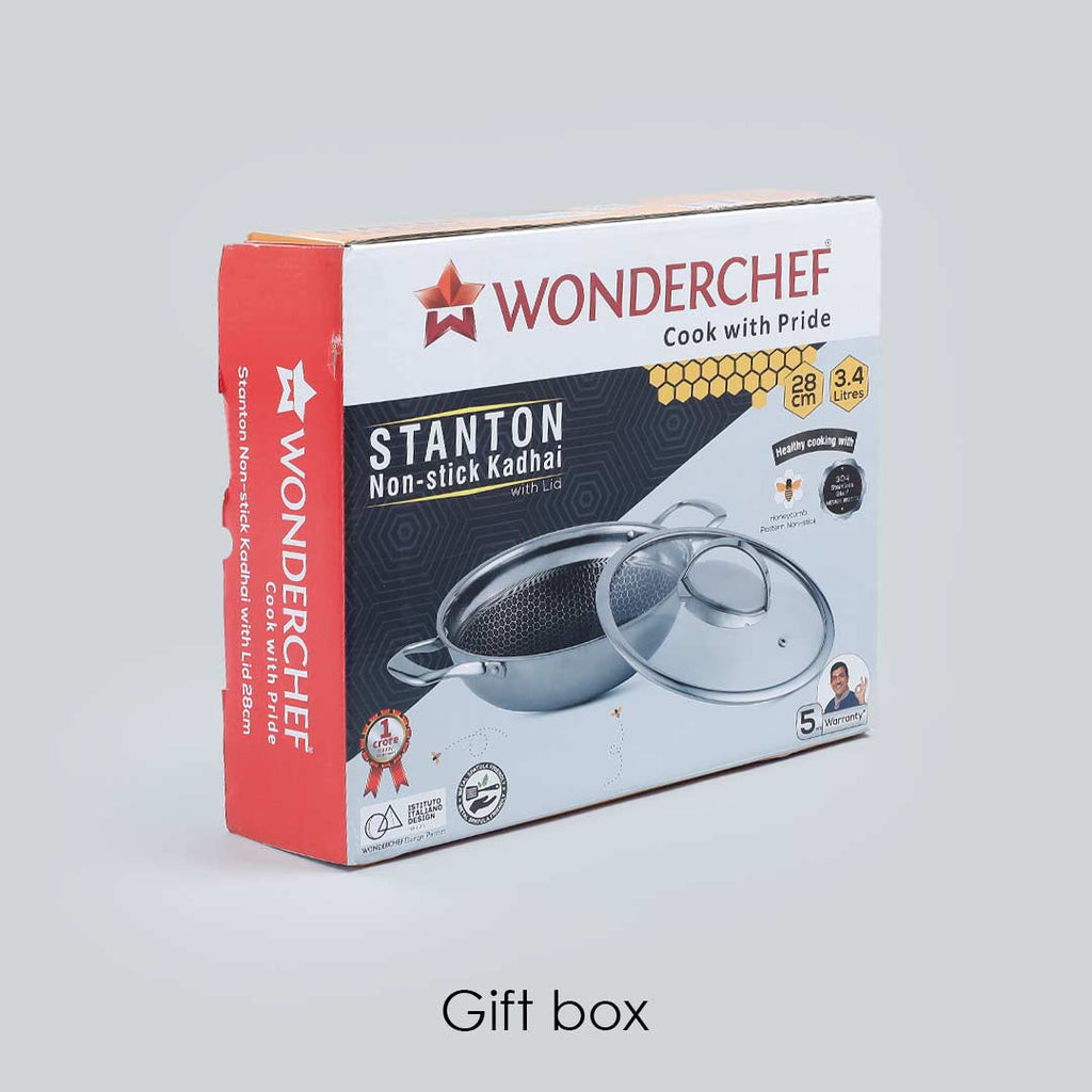 Wonderchef Renewed Stanton 28 cm Non-stick Kadhai/Kadai with Lid - 3.4 Litre | 3 ply steel