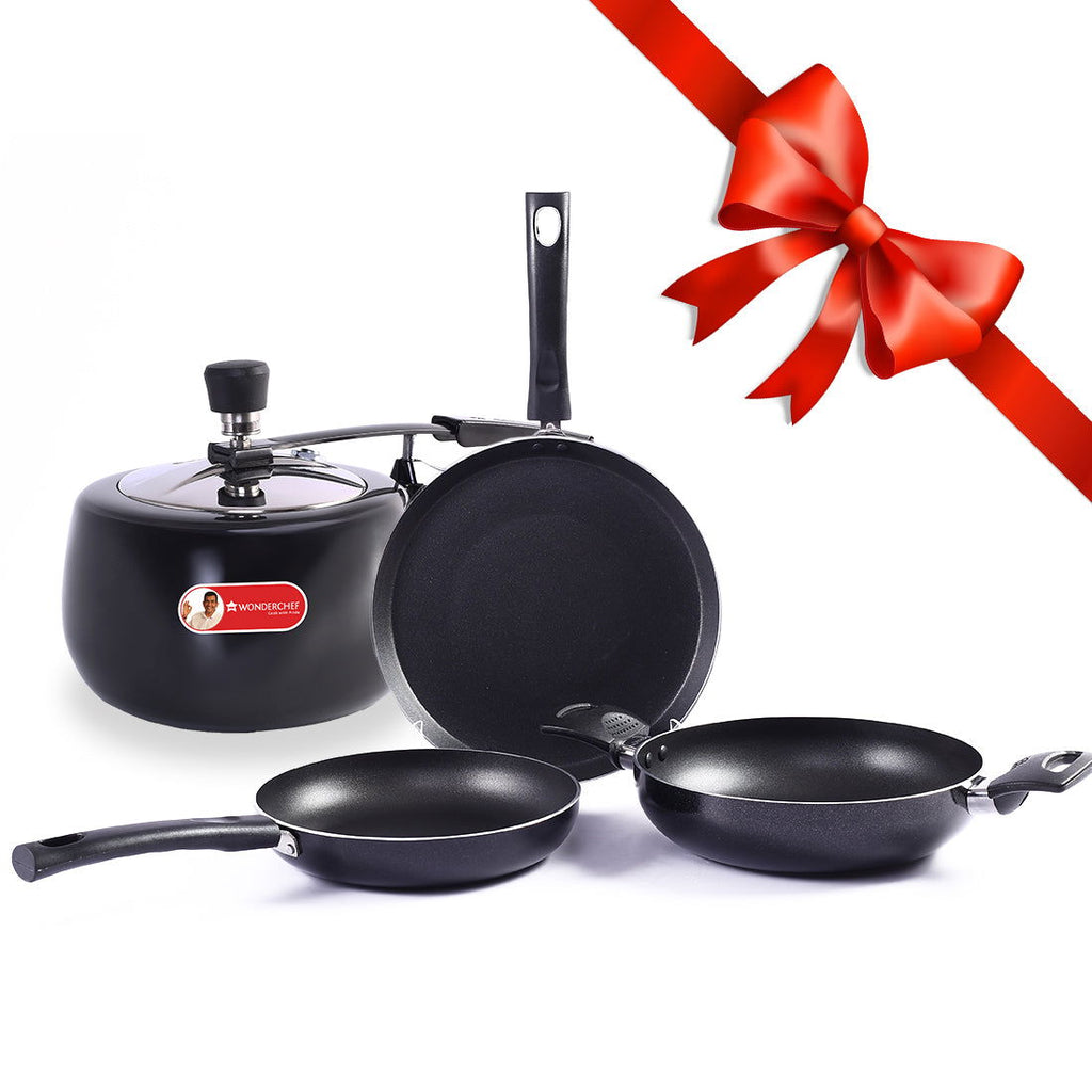 Wonderchef Renewed Valencia 4 Piece Kitchen Set | Fry Pan, Wok (without Lid), Dosa Tawa & Inner Lid Pressure Cooker