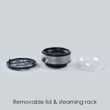 Load image into Gallery viewer, Instant Electric Egg Boiler with 7 Egg Poachers|3 Boiling Modes, Soft, Medium, Hard| Auto Shut Off Technology| Non-stick Egg Rack, Transparent Lid, Stainless Steel Body &amp; Heating Plate, Steamer Rack| Alarm| Easy &amp; Quick Operation| Black| 2 Year Warranty