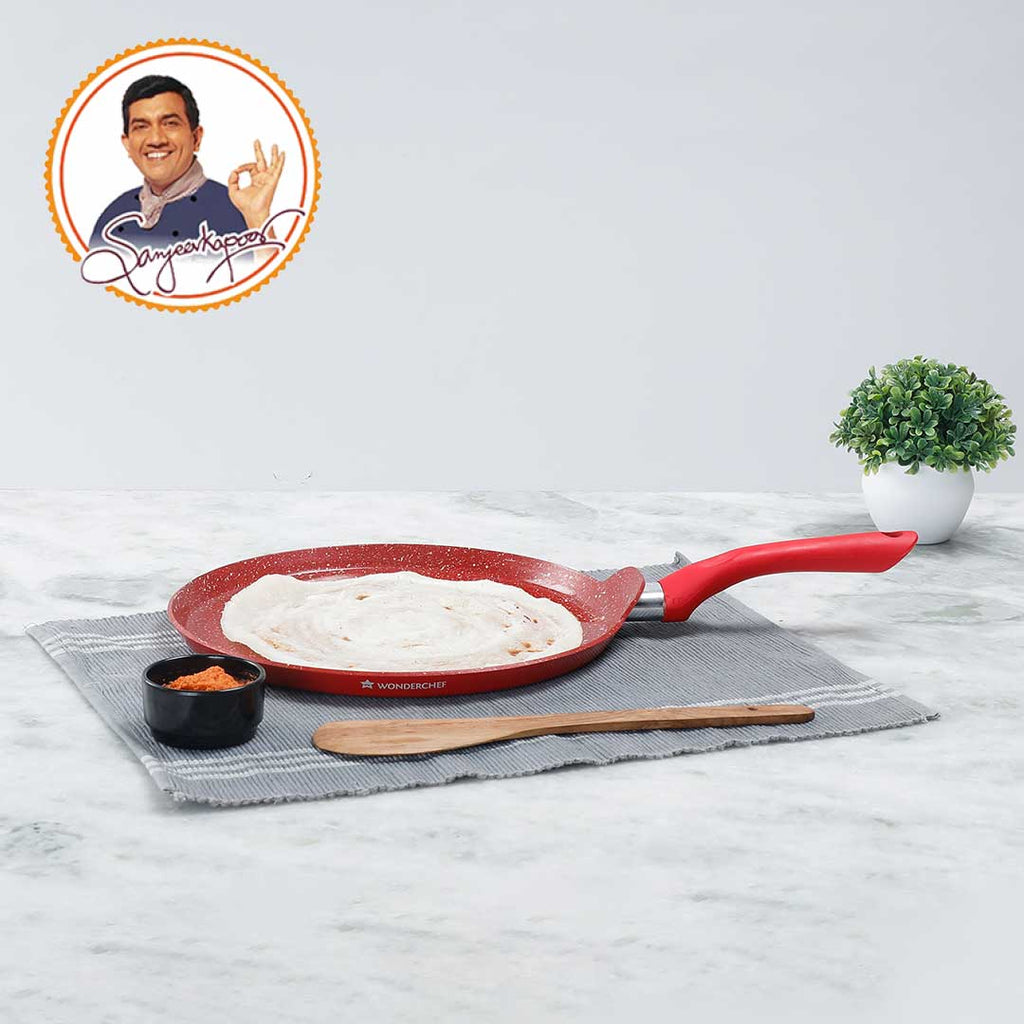 Royal Velvet 28cm Non-stick Dosa Tawa, Induction bottom, Soft-touch Handle, Virgin Grade Aluminium, PFOA/Heavy metals free, 3mm, 2 years warranty, Red