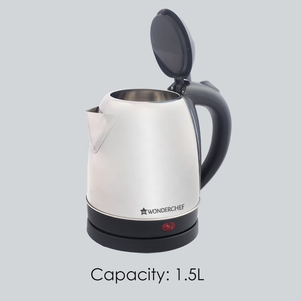 Prato Automatic Stainless Steel Cordless Electric Kettle, 1.5 Litres, Built-in Metal Filter, 304 Stainless Steel Interior, Ergonomic Handle Design, 1000W, 2 Years Warranty