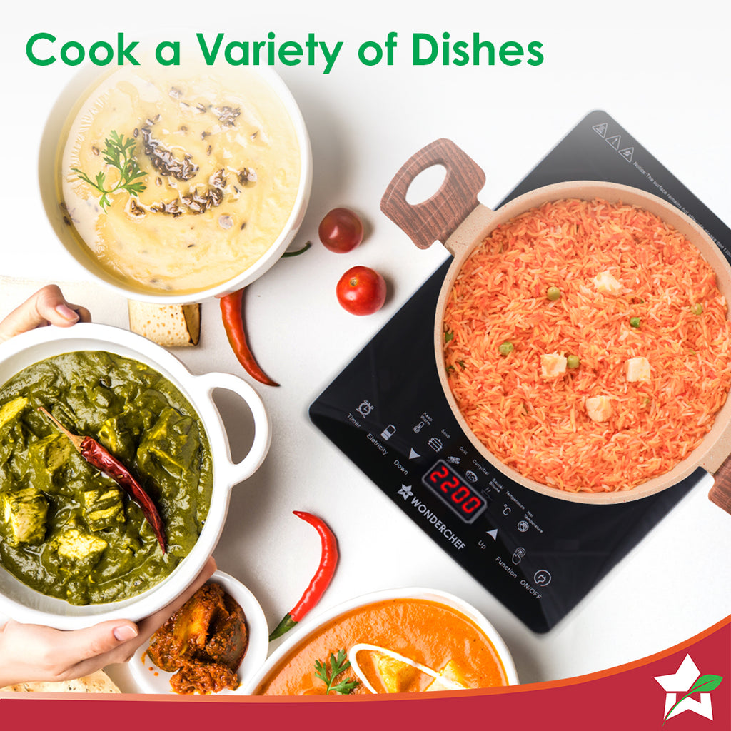 Easy Cook Hot Plate Infrared Cooktop with Feather Touch Control & 6 Power Settings|2200 Watt Induction Cooktop|Pre-set Menus for Soups, Curries, Dals, Saute Masala|Crystal Glass Top Surface| LED Digital Panel | Smart Touch Buttons| 1 Year Warranty