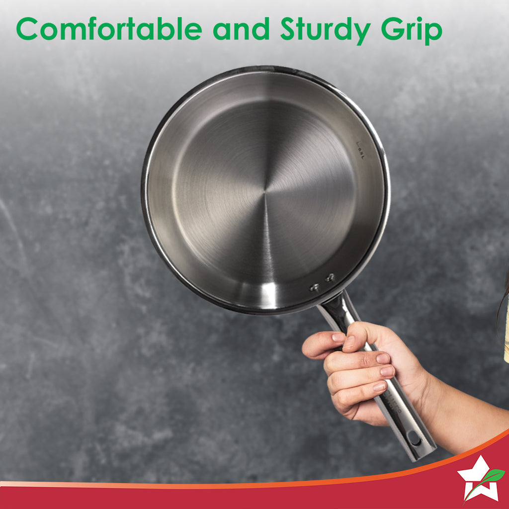 Stella Triply Stainless Steel Fry Pan | 20 cm, 1 Litres | Compatible with Gas Stove, Induction, Ceramic Cooktop | Non-toxic | Uniform Heating | Heavy-duty Handle | 10-year Warranty