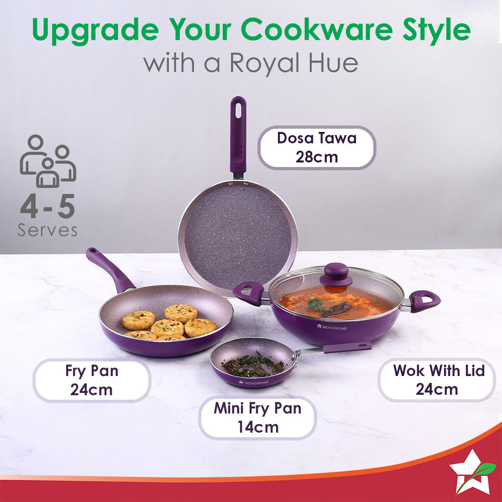 Royal Velvet Non-stick 5-piece Cookware Set (Fry Pan with Lid, Wok, Dosa Tawa, Mini Fry Pan) | Induction Ready (Dosa Tawa only)| Soft-touch handles |Non – Toxic I Virgin Aluminium | 3 mm thick | 2 years warranty | Purple