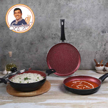 Load image into Gallery viewer, Sigma Non-stick Cookware Set, 4Pc (Kadhai with Lid, Dosa Tawa, Fry Pan), Induction Bottom, Cool Touch Bakelite Handles, Virgin Aluminium, PFOA Free, 2 Years Warranty, Red and Black