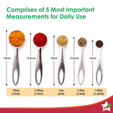 Load image into Gallery viewer, Ambrosia Stainless-steel Measuring Spoons with 5 Engraved Measurements | 1.25ml, 2.5ml, 5ml. 7.5ml, 15ml | For Dry or Liquid Ingredients | Precise Cooking and Baking | 1-year Warranty