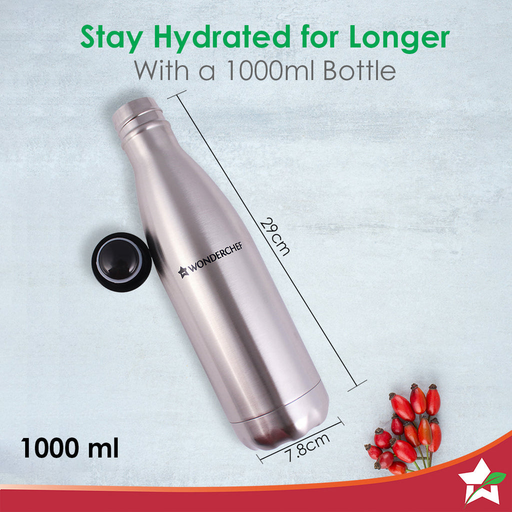 Aqua-Bot, 1000ml, Double Wall Stainless Steel Vacuum Insulated Hot and Cold Flask, Spill & Leak Proof, Silver, 2 Years Warranty