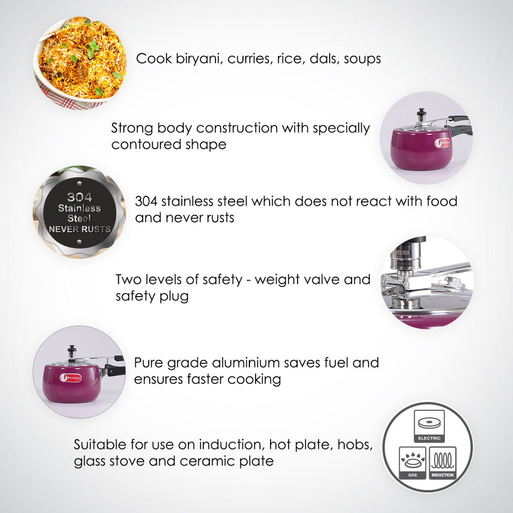 Regalia Induction Base 3L Pressure Cooker with Inner Lid, 2 Years Warranty, Purple