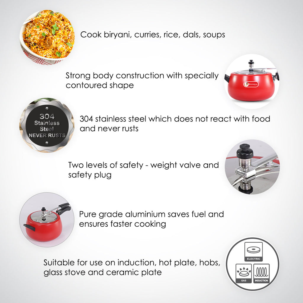 Regalia Induction Base 5L Pressure Cooker with Inner Lid, 2 Years Warranty, Red