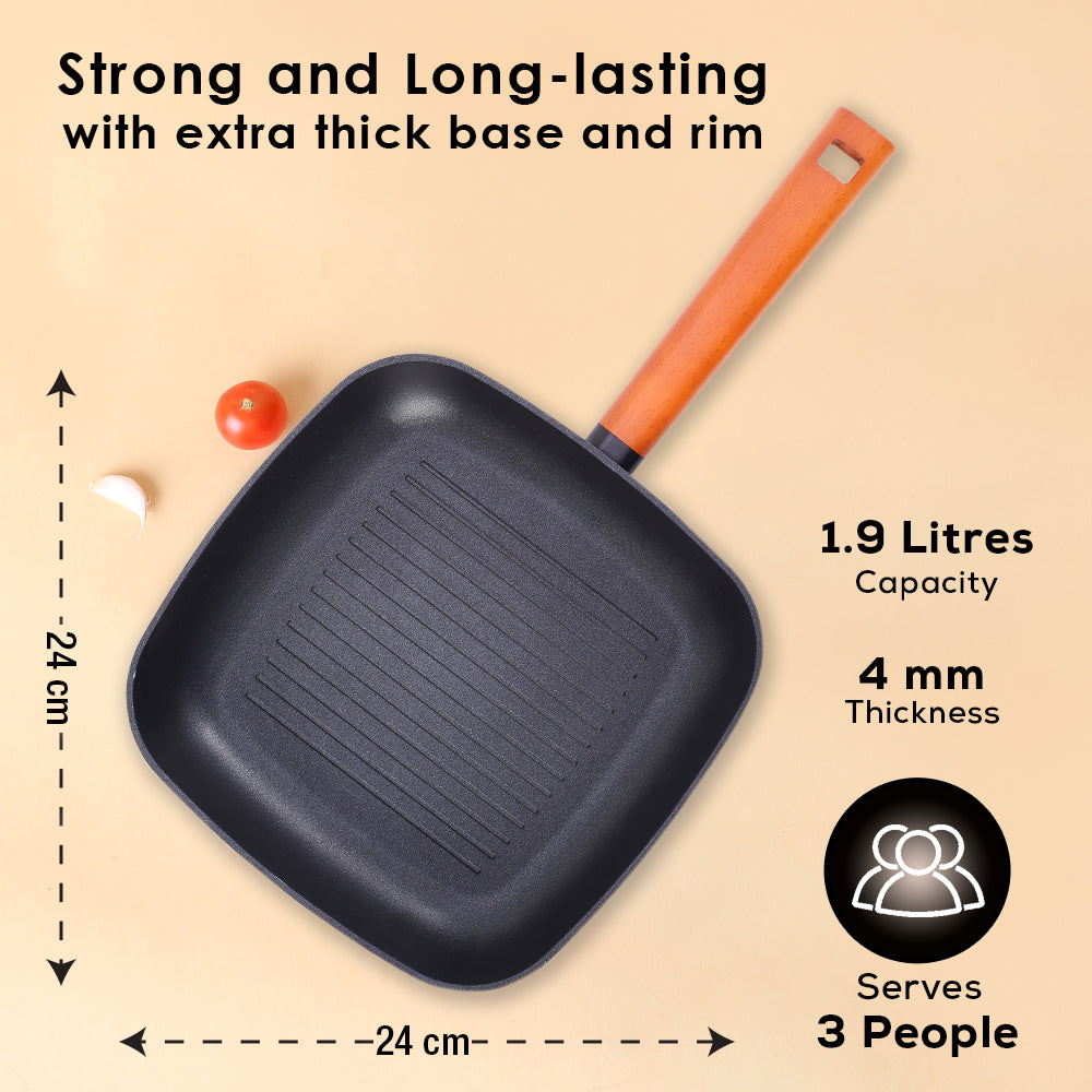 Caesar Forged Grill Pan, 24cm, Black, Greblon C3 Non-stick Coating, Virgin Aluminium, PFOA Free, German Beechwood Handles, Use for Grilling Tikkis, Breads, Rolls, Meat, Paneer