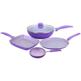 Celebration  Aluminum Non-Stick Cookware 5 pc Set | Kadhai with Glass Lid 24cm, Grill Pan 24cm, Dosa Tawa 28cm, Mini Fry Pan 12cm  | Induction Bottom | Soft Touch Handles | Pure Grade Aluminium | PFOA Free | 2 Year Warranty | Purple