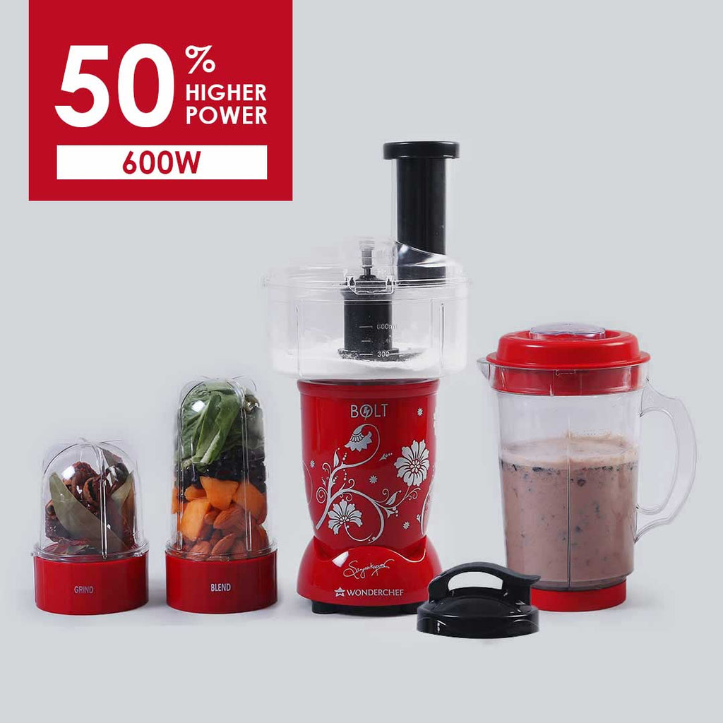 Nutri-blend BOLT-600W Mixer With Food Processor & Atta Kneader, Stronger & Swifter With Sipper Lid, 22000RPM 100% Full Copper Motor, 4 Unbreakable Jars, Sharper Steel Blades, 2 Yrs Warranty, Red, Recipe Book By Chef Sanjeev Kapoor