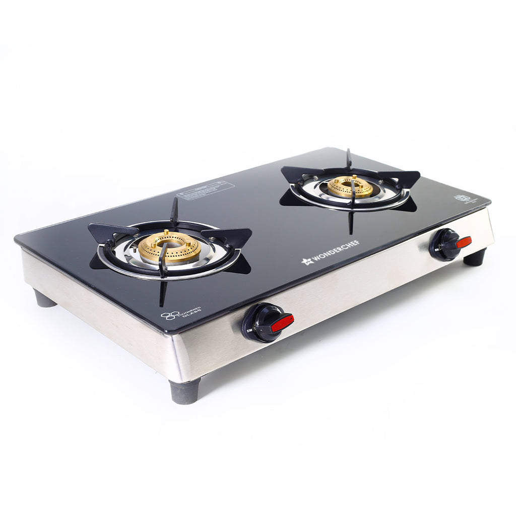 Galaxy 2 Burner Cooktop | 1 Medium, 1 Small Wide Spaced Burners | Highly Efficient Tri-pin Brass Burners | Precise Flame Control | BIS Approved 6mm Toughened Glass Top | 2 Year Warranty