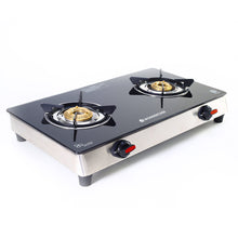 Load image into Gallery viewer, Galaxy 2 Burner Cooktop | 1 Medium, 1 Small Wide Spaced Burners | Highly Efficient Tri-pin Brass Burners | Precise Flame Control | BIS Approved 6mm Toughened Glass Top | 2 Year Warranty