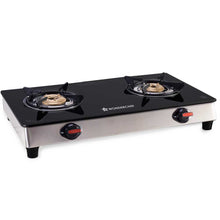 Load image into Gallery viewer, Galaxy 2 Burner Cooktop | 1 Medium, 1 Small Wide Spaced Burners | Highly Efficient Tri-pin Brass Burners | Precise Flame Control | BIS Approved 6mm Toughened Glass Top | 2 Year Warranty