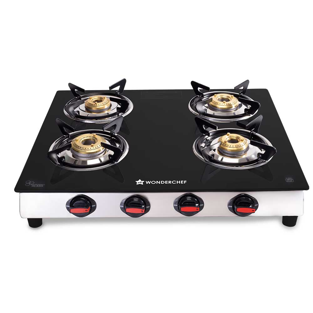 Galaxy 4 Burner Cooktop | 2 Medium, 2 Small Wide Spaced Burners | Highly Efficient Tri-pin Brass Burners | Precise Flame Control | BIS Approved 6mm Toughened Glass Top | 2 Year Warranty