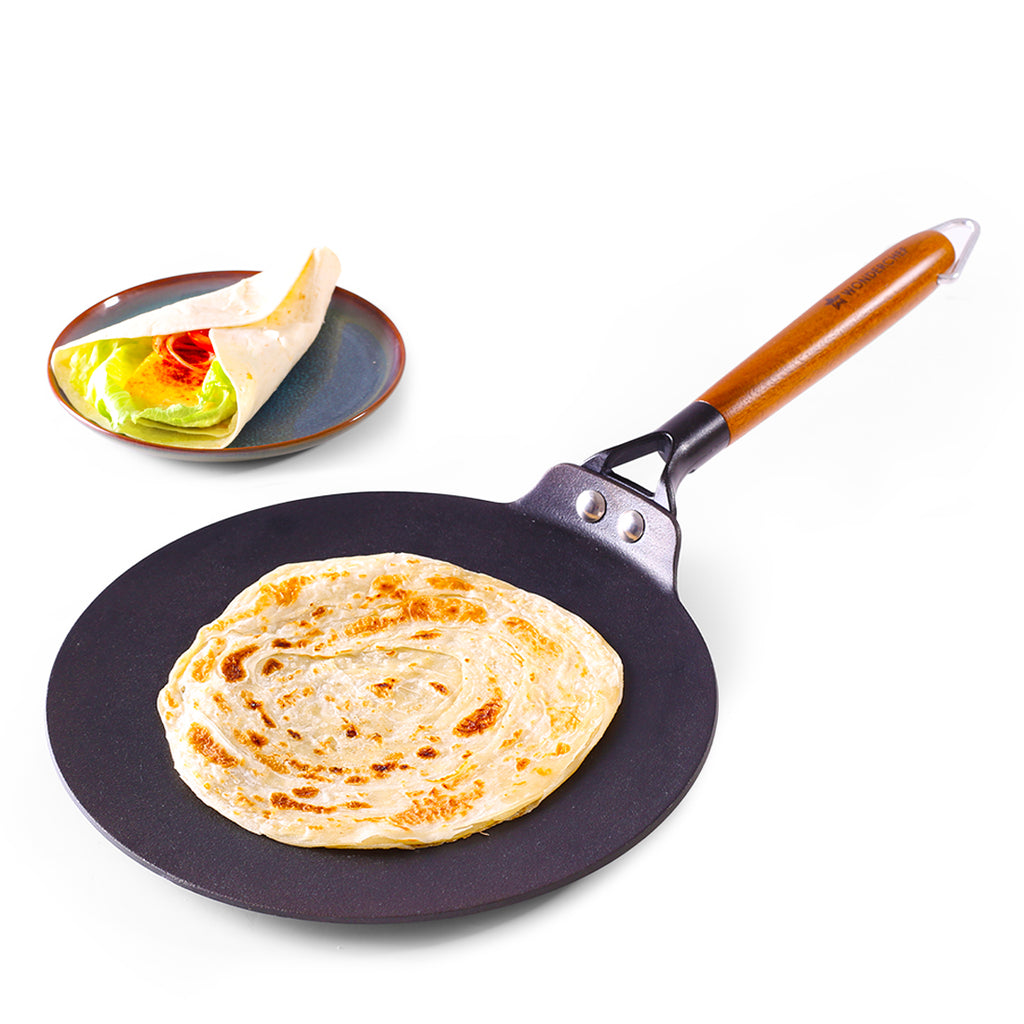 Ferro Light-weight Cast-iron Roti Tawa | 26cm | Pre-seasoned with 100% Vegetable Oil | 40% Lighter than Regular Cast-iron Cookware | Cool-touch Real Acacia Wood Handles | 10-Year Warranty