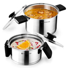 Load image into Gallery viewer, Click and Cook Stainless Steel Casserole 2 Pc Set | 3 L, 1 L | Unique Foldable Cool-touch Handles | Tri-ply Bottom | Glass Lid with Steam Vent | Induction and Gas Cooktop Friendly