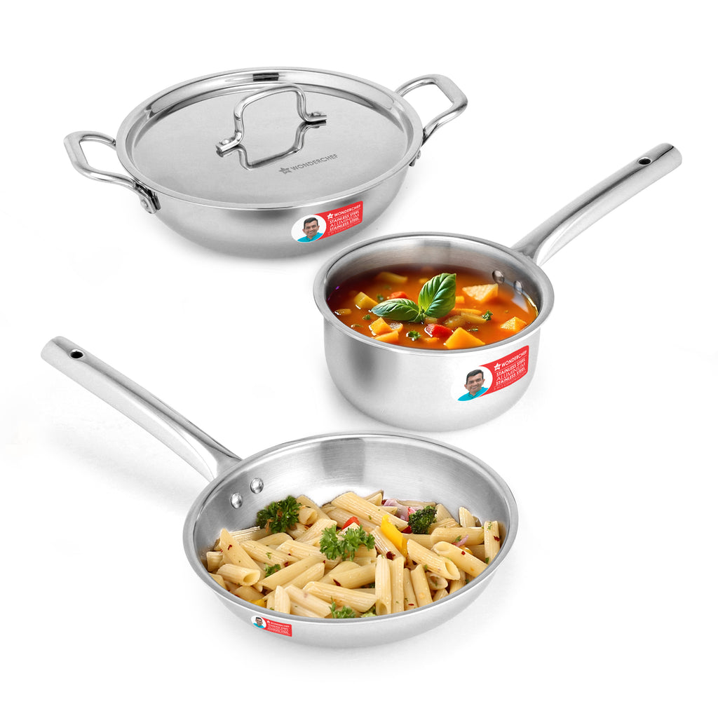 Venice Triply Stainless Steel 4 Pc. Cookware Set | Fry Pan 24cm, Kadhai with Lid 24cm, Saucepan 16cm | Non-toxic | Uniform Heating | Heavy-duty Handle | Easy Cleaning | 10-year Warranty